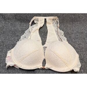 Victorias Secret PINK Date Push Up Bra 32C Cream Lace Front Close Racerback
